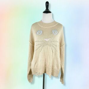 Wildfox XS Beige‎ Whiskers Carine Sweater Embroidered Wool cat kidcore coquette